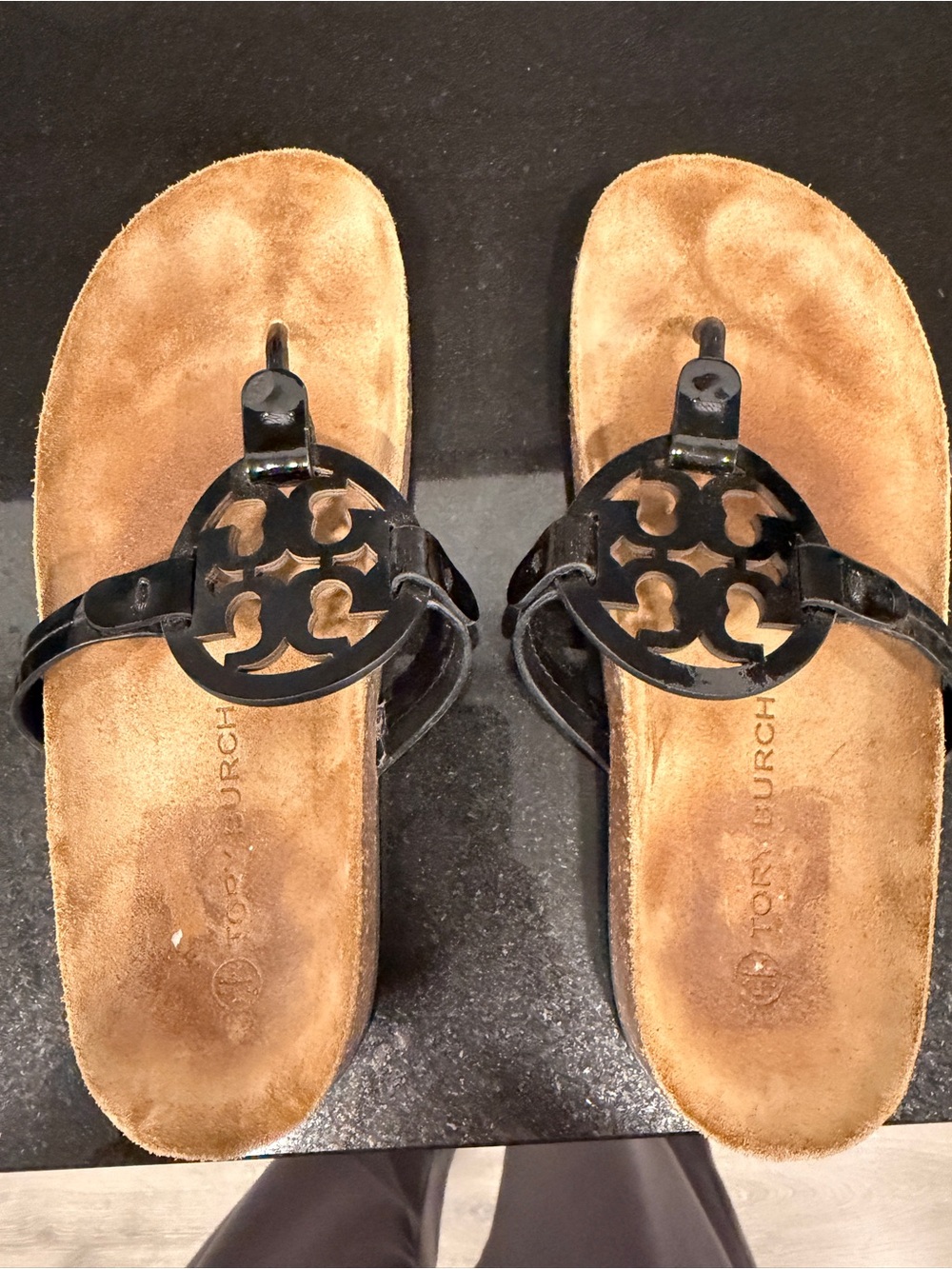 Tory Burch Black Logo Toe-Post Sandals with Tan Footbed